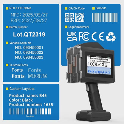 BENTSAI B45 Handheld Inkjet Printer with 2 Inch Print Height for High Definition Batch Coding EXP Date Marking Product Labeling on Carton Wood Plastic Metal Fabric Glass Aluminum