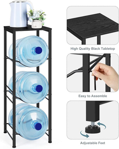 Water Bottle Holder Organizer 5 Gallon Water Jug Stand with Shelves, 3-Tier Water Bottle Dispenser Stand for Kitchen Living Room Office, Black