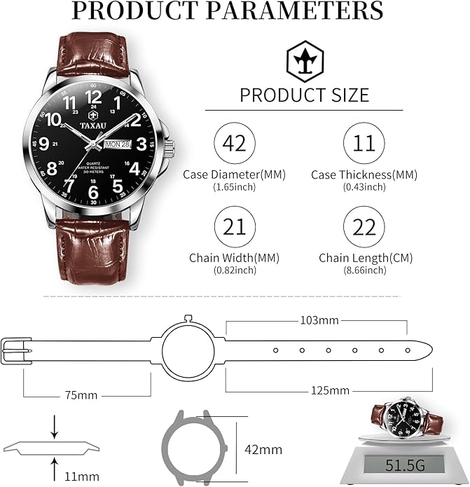 Watches for Men Leather Large Arabic Numerals Mens Watches Waterproof Band with Date Quartz Men's Wrist Watch
