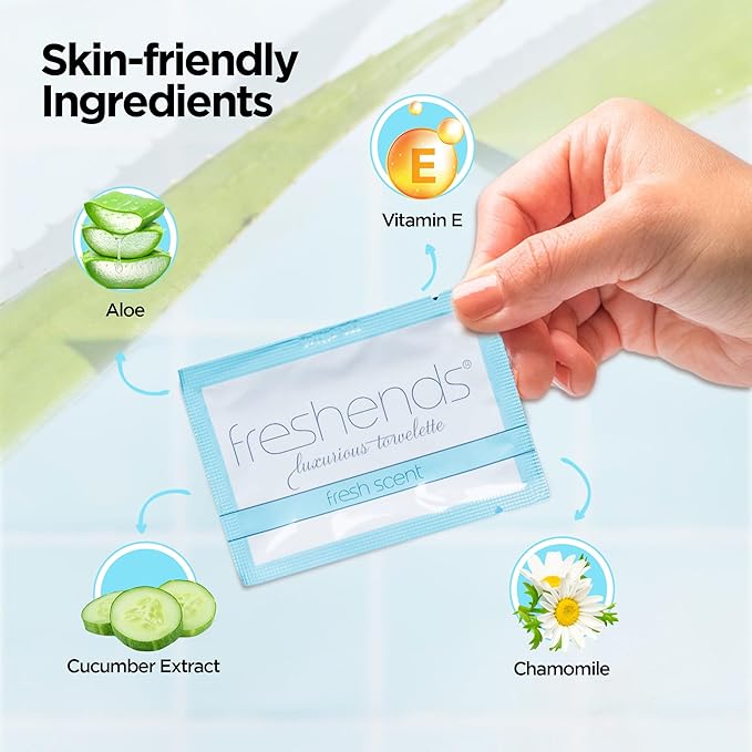 Freshends Flushable Individually Wrapped Wipes – 300 Bulk Pack Luxurious Towelettes, Guest Bathroom Essentials for Weddings, Restaurants, Bars & Clubs – Blue, Travel-Size, Disposable