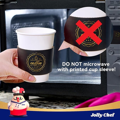 JOLLY CHEF 100 Pack 12 oz Disposable Coffee Cups Hot Beverage Paper Coffee Cups with Lids, Sleeves and Stirrers (Black and White)