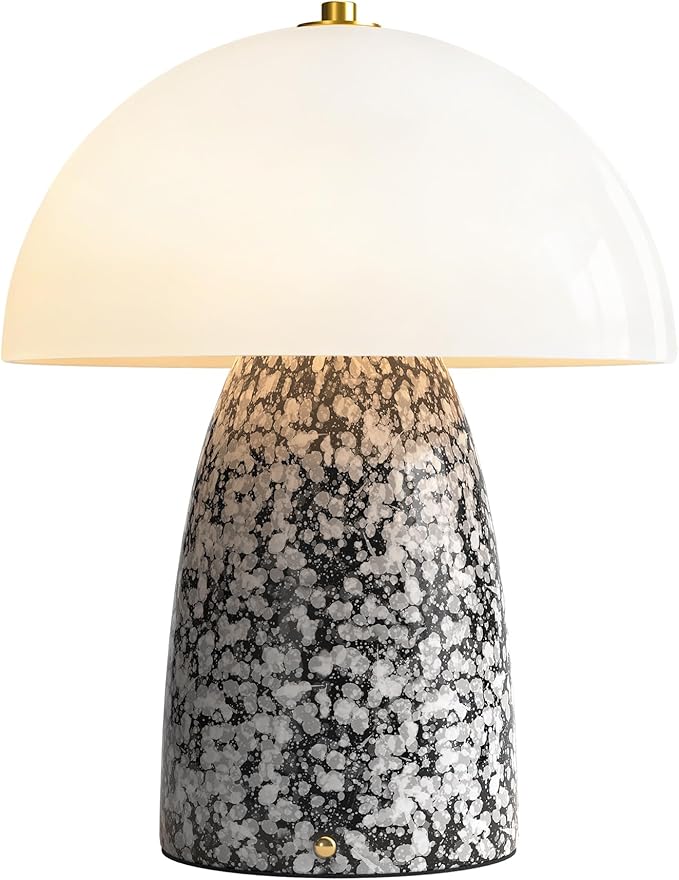 11" Mushroom Table Lamp, Small Ceramic Desk Bedside Lamp with Touch Control 3-Way Dimmable & Glass Shade, Modern Nightstand Lamp for Living Room Bedroom Home Office Crackle Texture Decor-Black