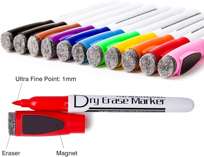 Volcanics Magnetic Dry Erase Markers With Eraser Low Odor Fine Tip Whiteboard Markers White Board Pens Pack of 90,10 Colors for Office Home and School