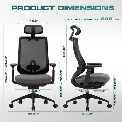 COLAMY Ergonomic Office Chair, High Back Office Executive Desk Chair, Mesh Office Chair Lumbar Support with Adjustable Headrest and 4D Arms, Slide Seat, Tilt Lock-Darkgrey