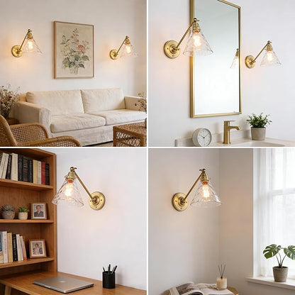 Industrial Vintage Slope Pole Wall Mount Single Sconce with Funnel Flared Clear Glass Shade, Swing Arm Wall Sconce Light Lamp Fixture Hardwired