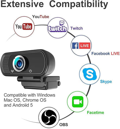 Webcam 1080p, Webcam for PC-with Microphone/Tripod/Privacy Cover, Plug and Play USB Computer Camera, Wide Angle, Streaming Web Camera for Desktop Computer/PC Web-Cam for Laptop Mac Zoom Conference