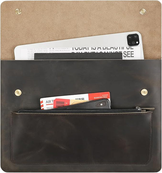 Genuine Leather Sleeve for 13/14/15-in MacBook Pro & MacBook Air, Slim Protective Laptop Case, Folio Document Organizer Leather Folder Portfolio-Grey