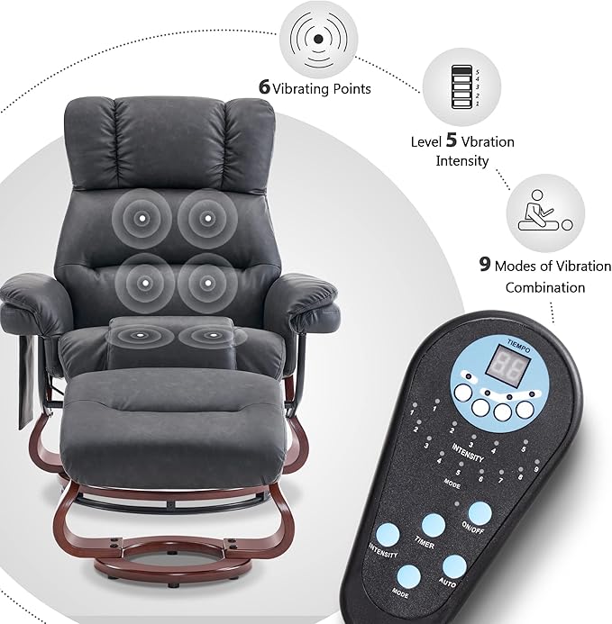 MCombo Swivel Recliners with Ottoman, Reclining TV Chairs with Vibration Massage, Faux Leather Ergonomic Lounge Chair for Living Room Bedroom 4832 (Dark Grey)
