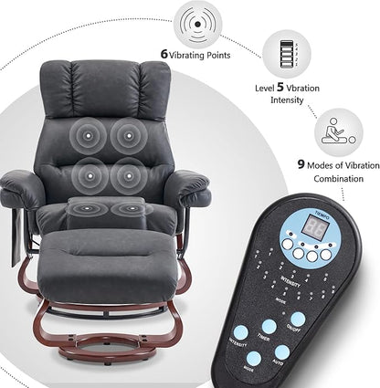 MCombo Swivel Recliners with Ottoman, Reclining TV Chairs with Vibration Massage, Faux Leather Ergonomic Lounge Chair for Living Room Bedroom 4832 (Dark Grey)