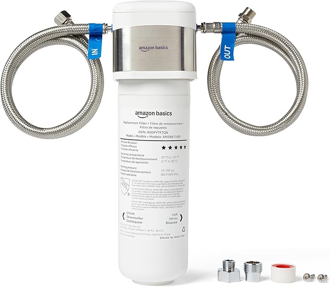 Amazon Basics Under Sink Water Filter System, NSF/ANSI 42 & 372 Certified, Service Life 1 Year, 11,000 Gallons, White