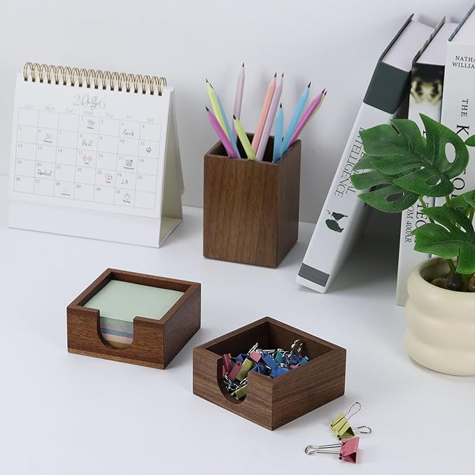MultiBey 3x3 Sticky Note Holder, Walnut Wood Memo Cube Dispenser for Desk, Compact 3.6x3.6x1.3 Inch Post It Note Organizer, Office Desk Accessories for Home, School