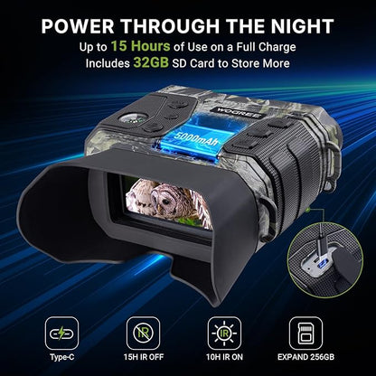 4K Night Vision Goggles – 1300FT Infrared Range, 8X Digital Zoom, Rechargeable 5000mAh Rechargeable Battery, 32GB Card, Tactical Light, for Camping, Camo