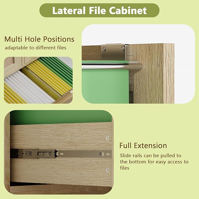 HOPUBUY Lockable 4 Drawers File Cabinet, Lateral Filing Cabinet with Printer Stand for Home Office and School, Wood Rattan File Cabinet for Hanging Files/Letter/Legal/A4/F4 Size, Oak Color (Oak)