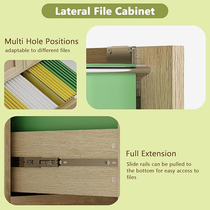 HOPUBUY Lockable 4 Drawers File Cabinet, Lateral Filing Cabinet with Printer Stand for Home Office and School, Wood Rattan File Cabinet for Hanging Files/Letter/Legal/A4/F4 Size, Oak Color (Oak)