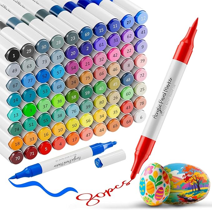 Acrylic Paint Markers, 80 Colors Acrylic Markers, Dual Tip Fabric Paint Pens for Rocks, Wood, Glass Painting, Coloring Books,Paper, DIY Crafts Art Supplies for Adult, Strong Coverage