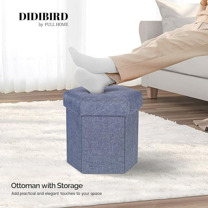Storage Ottoman,Folding Ottomans with Storage,Linen Ottoman Foot Rest,Foot Stool with Thicker Foam Padded for Living Room,Bedroom,Office,Dorm,287 lb Load Capacity,14x14x13in,Blue