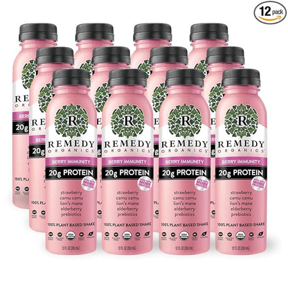 Remedy Organics Berry Immunity 12-Pack | Plant Based 20g Protein Shakes, Ready to Drink | USDA Organic, Gluten Free, Dairy Free, Soy Free