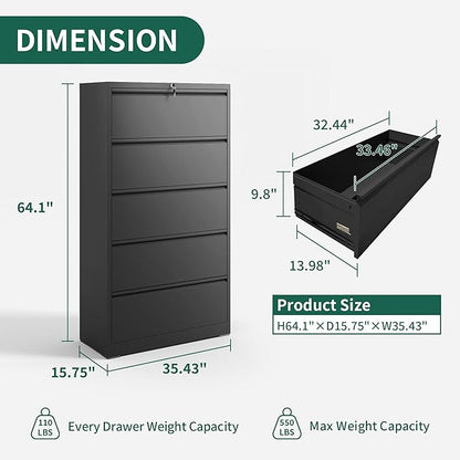Lateral File Cabinet 5 Drawer, Metal File Cabinets for Home Office Legal/Letter A4 Size, Filing Cabinet with 5 Lock, Require Assembly, Black