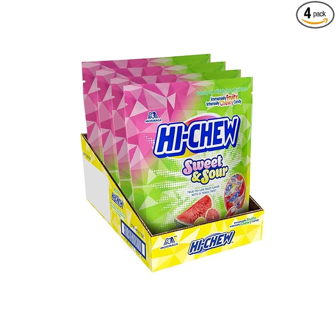 HI-CHEW Sweet and Sour Mix Bulk, Watermelon Lemon Grapefruit, 220+ Pieces, 4 Stand Up Pouches, 12.7oz each - Unique Fun Soft & Chewy Candy - Juicy Fruity Flavors - Individually Wrapped Candy