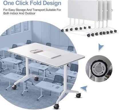 Conference Table, Foldable Conference Room Tables with Silent Wheels, Folding Modular Seminar Meeting Tables, Modern Rectangle Training Table for Office, Boardroom (4, White, 55.1)