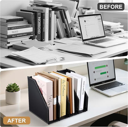 GORESE Collapsible Magazine File Holder, PU Leather Vertical File Folder Organizer for Desk with 4 Compartments, Magazine Holder Binder Storage Clipboard Rack File Sorter for Office Home School, Black