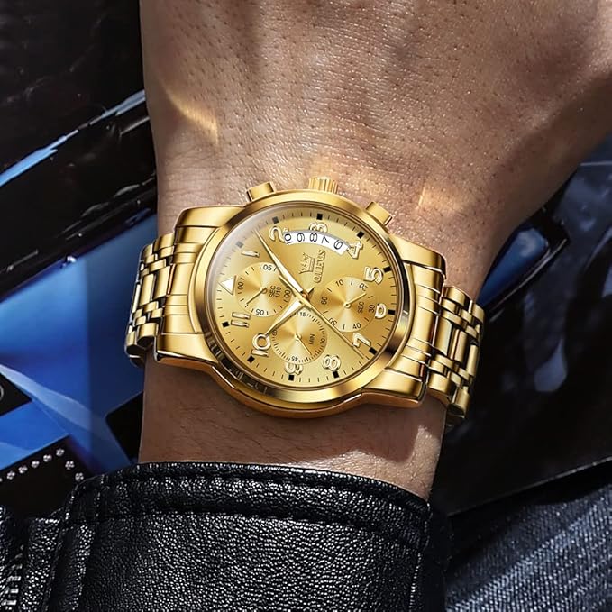 OLEVS Men's Stainless Steel Chronograph Watch, Big Face Gold Silver Black Tone Easy to Read Analog Quartz Watch, Luxury Waterproof Date Diamond Roman Arabic Numerals Dial Dress Watch for Men