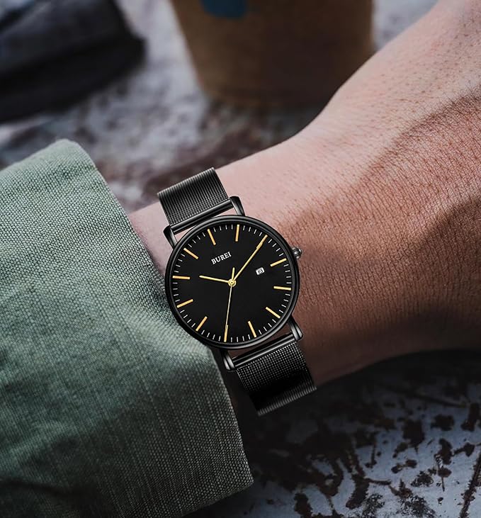 BUREI Men Watches Brown Leather Fashion Minimalist Wrist Watch Simple Ultra Thin Waterproof Quartz Watches All Black Stainless Steel Mesh Band,Gift for Men Women