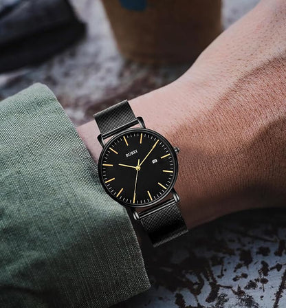 BUREI Men Watches Brown Leather Fashion Minimalist Wrist Watch Simple Ultra Thin Waterproof Quartz Watches All Black Stainless Steel Mesh Band,Gift for Men Women