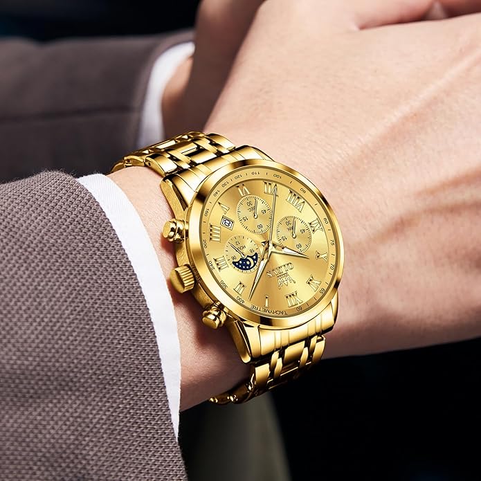 OLEVS Mens Stainless Steel Chronograph Watch, Big Face Roman Numerals Date Analog Quartz Dress Watches for Men, Fashion Multifunctional Waterproof Luminous Hands Men's Wristwatch