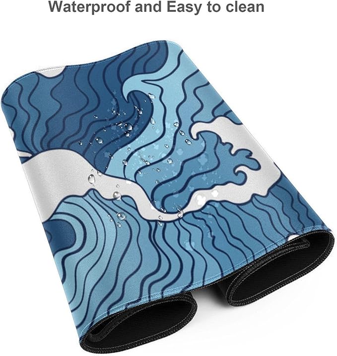 Japanese Blue and White Wave Gaming Mouse Pad XL, Non Slip Rubber Base Mousepad, Stitched Edges Desk Pad, Extended Large Mice Pad,31.5 X 11.8 Inch