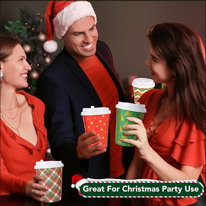 300 Pcs/100 Sets Christmas Coffee Cups with Lids and Sleeves 12 oz Disposable Christmas Paper Cups Party Drinking Cups for Hot and Cold Drinks Chocolate Coffee Tea Beverage Bar Supplies (Shiny)