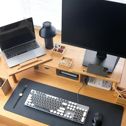 Dual Monitor Stand Riser with Drawer for Desk Laptop Desk Shelf with Adjustable Length and Angle, Bamboo Computer Stand Riser for 2 or 3 Monitors Screen Laptop PC TV -Natural