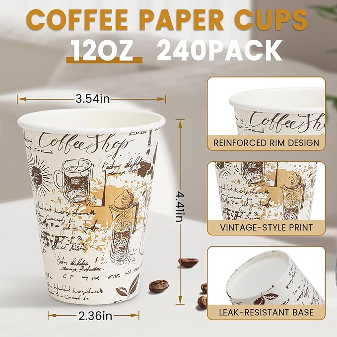SIUQ 240 Pack 12oz Paper Coffee Cups, 12 Ounce Disposable Coffee Cups, Retro Design, Leak-Proof, Hot/Cold Beverage Drinking Cup for Chocolate, Cocoa, Coffee Bar Supplies