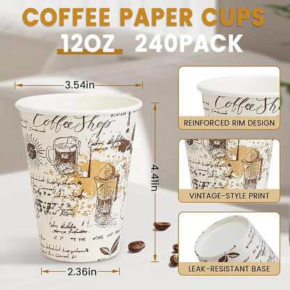 SIUQ 240 Pack 12oz Paper Coffee Cups, 12 Ounce Disposable Coffee Cups, Retro Design, Leak-Proof, Hot/Cold Beverage Drinking Cup for Chocolate, Cocoa, Coffee Bar Supplies
