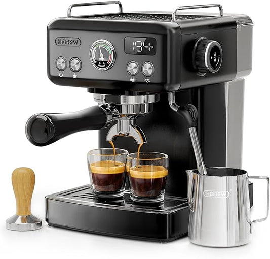 HIBREW H10A - 58mm Espresso Machine, Stainless Steel Body with Milk Frother, Customizable Settings, Smart Display + 20 Bar Pressure Gauge. (Black)