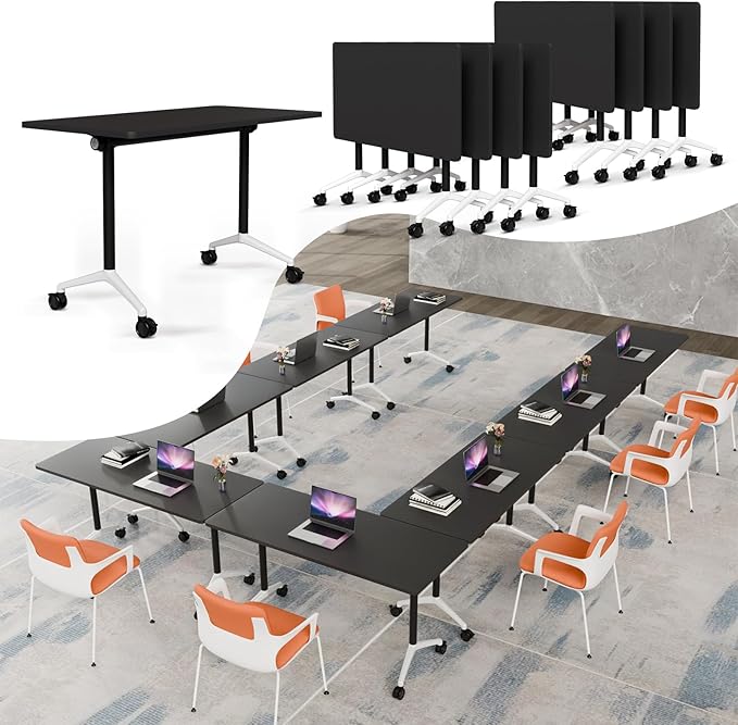 Folding Conference Table, Rectangular Conference Room Tables, Mobile Modular Training Table, Solid Steel Frame,Thickened Panel,for Offices,Meeting Room,Offices andSchools (8, Black, 47in)