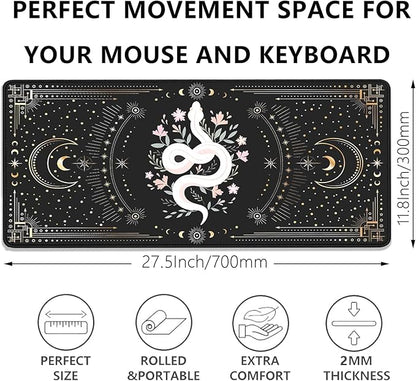Mysterious Starry Sky Moon and White Snake Pattern Large Extended Gaming Mouse Pad E-Sports Office Desk Mat Keyboard Pad Rubber Non-Slip Computer Mouse Mat Suitable for Home Office Work(27.5X11.8 in)
