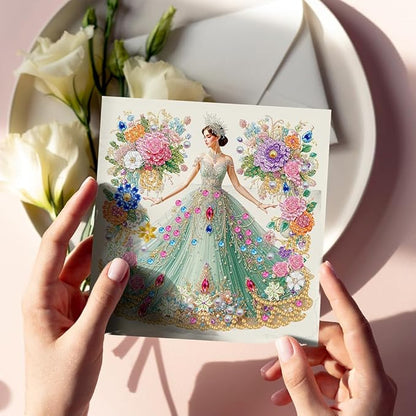 6pcs DIY Dress Girl Diamond Art Painting Greeting Cards Kit, Rhinestone Art Holiday Birthday Card Set with Envelopes, DIY Festival Craft for Girlfriend, Christmas Valentine Gift Making Supplies