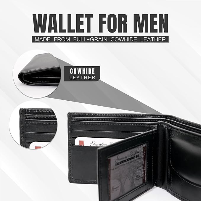 Bifold Wallet for Men with Premium Cowhide Leather Slim Wallet, Minimalist Design, Multiple Card Slots, Stylish Durable Gift-Ready Men’s Wallet (Black)