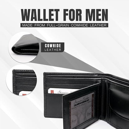 Bifold Wallet for Men with Premium Cowhide Leather Slim Wallet, Minimalist Design, Multiple Card Slots, Stylish Durable Gift-Ready Men’s Wallet (Black)