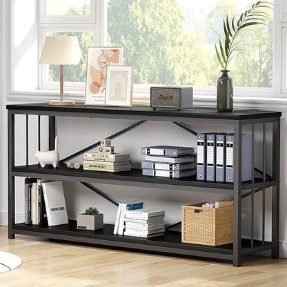 IBF 63" Black Low Horizontal Bookcase, Modern Long Wood Metal 3 Tier Book Shelf, Farmhouse Vintage Big Open Sturdy Bookshelf, Simple Large Wide Etagere for Home Living Room Office Bedroom, Black Oak