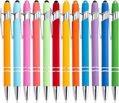 PASISIBICK 12 Pieces Rainbow Rubberized Soft Touch Ballpoint Pen with Stylus Tip, Stylish, Premium Metal Pen, Black Ink, Medium Point(Pack of 12)