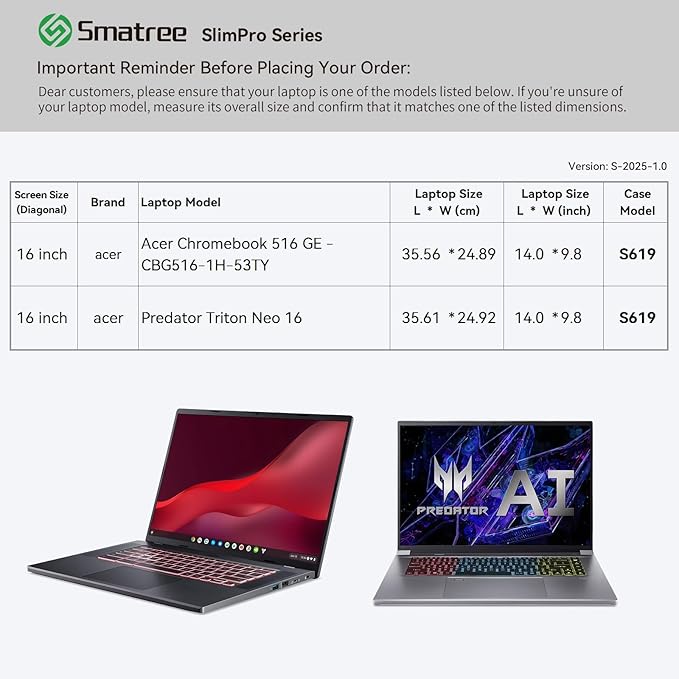 Smatree SlimPro Laptop Sleeve Case for 16 inch Acer Chromebook 516 GE-CBG516-1H-53TY, for 16 inch Acer Predator Triton Neo 16, Case with Pocket, Patented Super-Corner Design, Light Grey (S619LG)