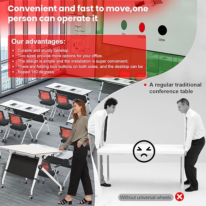 Conference Room Tables,47.2" Modern Office FoldingTraining Conference Tables,Flip Top Mobile Seminar Table with Lockable Wheels,Mobile Foldable Meeting Table for Classroom Office (white, 4 pack)