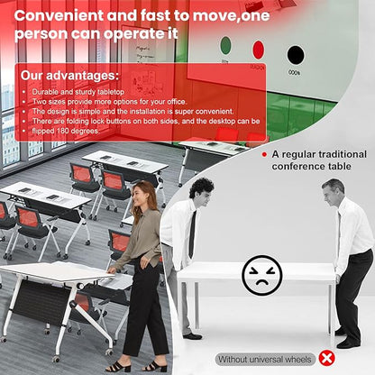 Conference Room Tables,47.2" Modern Office FoldingTraining Conference Tables,Flip Top Mobile Seminar Table with Lockable Wheels,Mobile Foldable Meeting Table for Classroom Office (white, 4 pack)