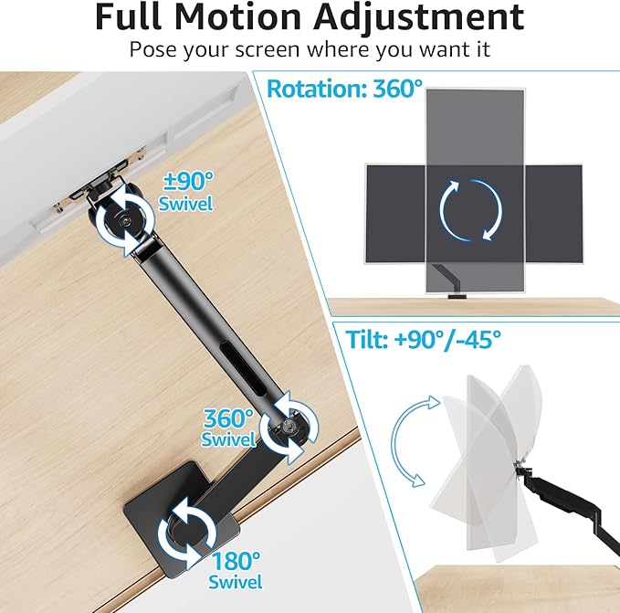 MOUNTUP Single Monitor Mount with USB Fits 49 42 40 35 34 32 27 24 inch Large Screen, Heavy Duty Monitor Arm, Gas Spring Monitors Stand for Desk, Holds 4.4-33 lbs, Ultrawide Monitors Arm, VESA Mount