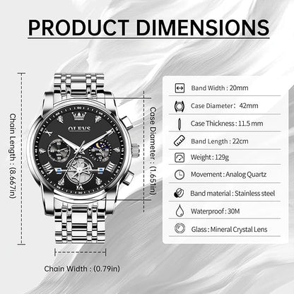 OLEVS Men Silver Watches,Men's Stainless Steel Chronograph Watch,Man Analog Quartz Big Face Male Watches Luxury Waterproof Roman Numeral Dress Diamond Relojes para Hombre