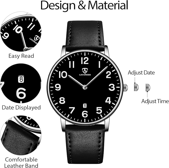 L LAVAREDO Watch for Men, Extremely Thin Mens Watches Minimalist Analog Men's Leather Wrist Watches with Time/Date, Birthday Gift for Men Boyfriend