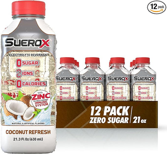 SueroX Sugar Free Sports Drink for Hydration and Recovery, Electrolyte Hydration Drink with 8 Ions, Zero Calorie Sports Drinks, Coconut Refresh, 21.3 Fl Oz, 12 Count
