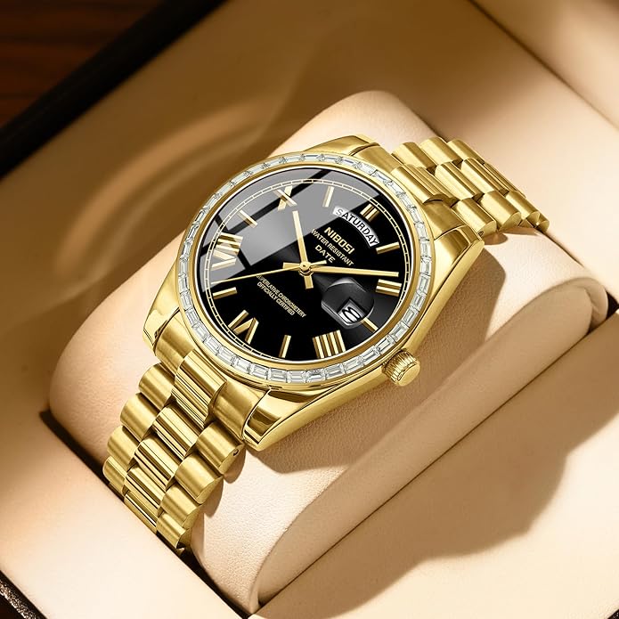NIBOSI Men's Watches Analog Quartz Diamond Bezel Stainless Steel Dial Rose Gold Silver Watches for Men Waterproof Business Classic Dress Wrist Watch with Day Date